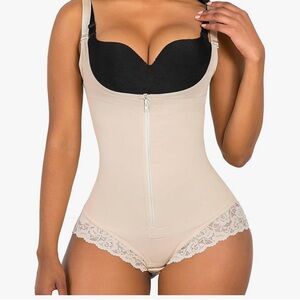 Seamless Beige Shapewear Bodysuit with Lace Accents